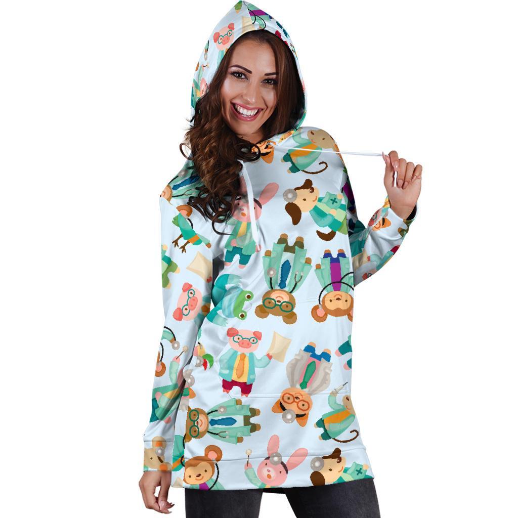 Animal Nurse Pattern Print Women Hoodie Dress-grizzshop