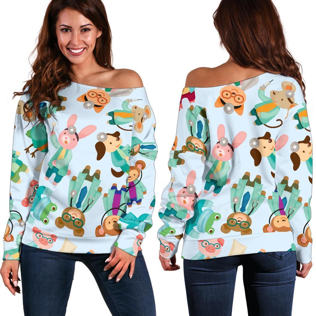 Animal Nurse Pattern Print Women Off Shoulder Sweatshirt-grizzshop