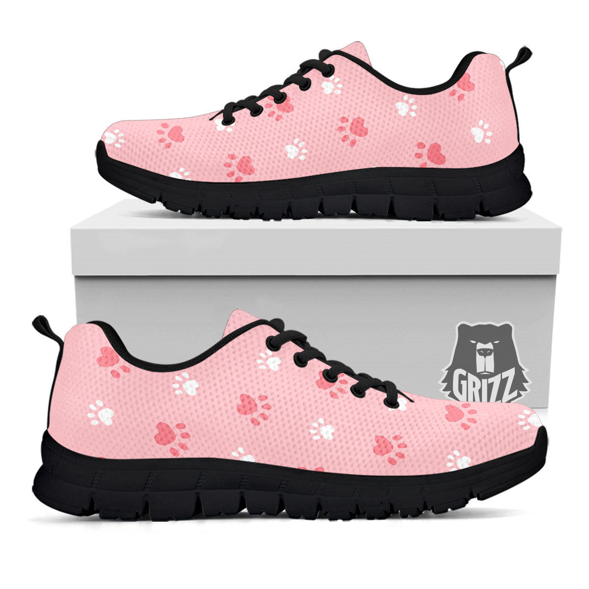 Animal Paw White And Pink Print Pattern Black Sneaker-grizzshop