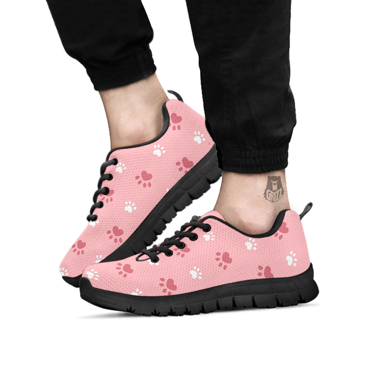 Animal Paw White And Pink Print Pattern Black Sneaker-grizzshop