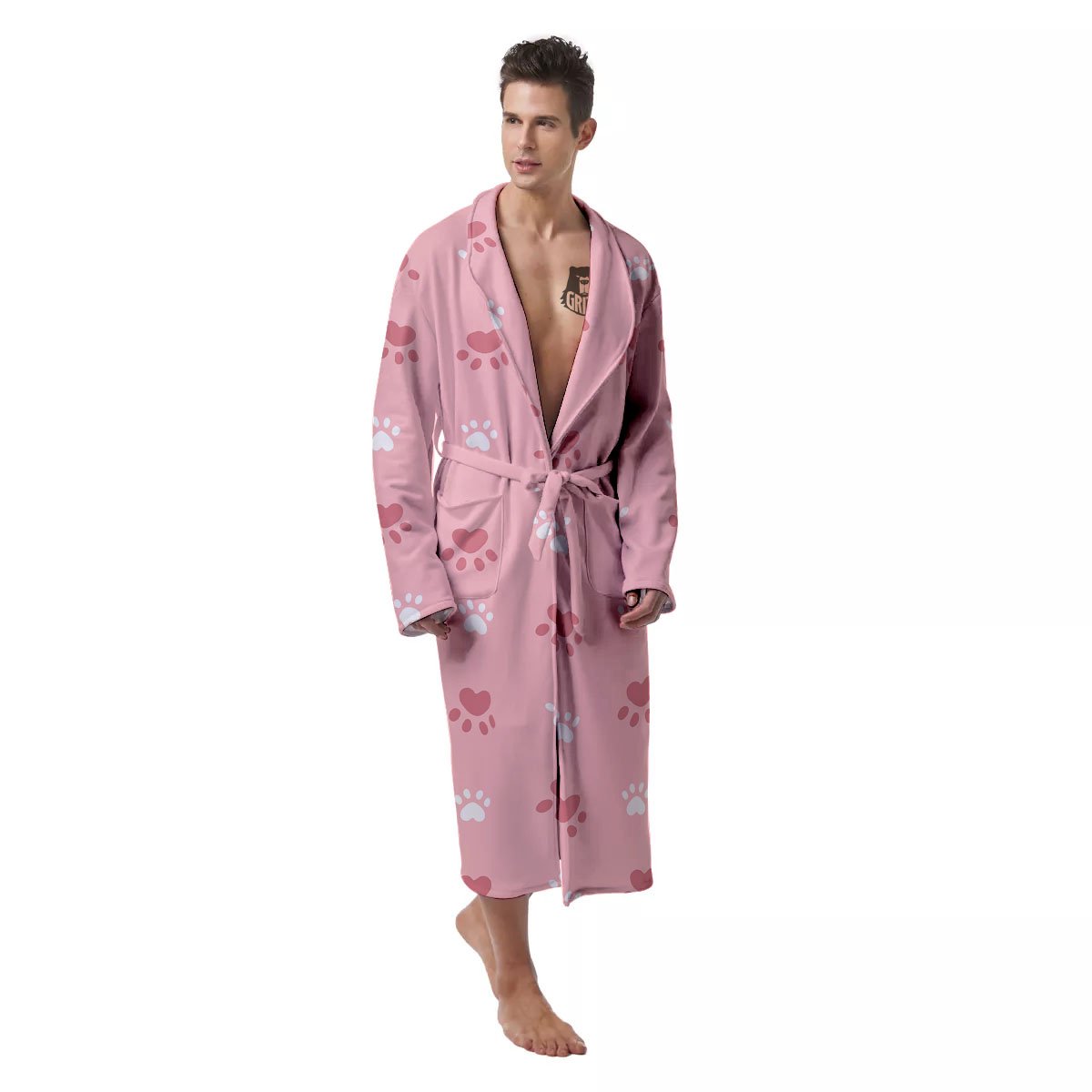 Animal Paw White And Pink Print Pattern Men's Robe-grizzshop