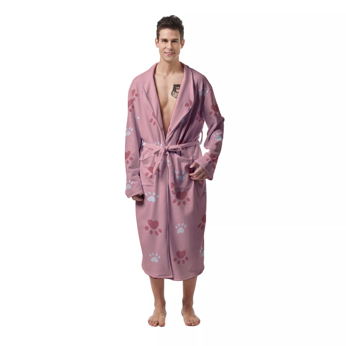 Animal Paw White And Pink Print Pattern Men's Robe-grizzshop