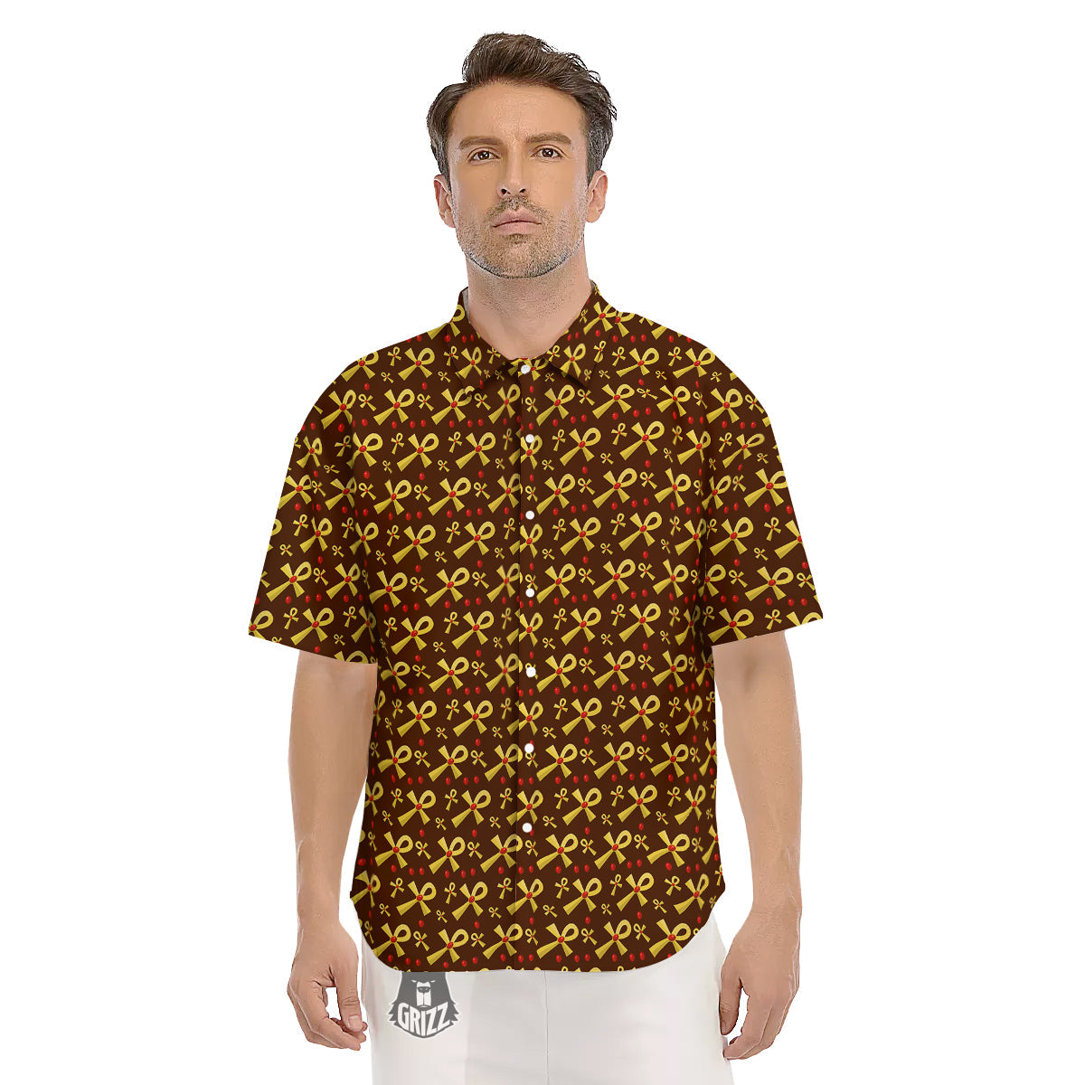 Ankh And Gems Print Pattern Men's Short Sleeve Shirts-grizzshop