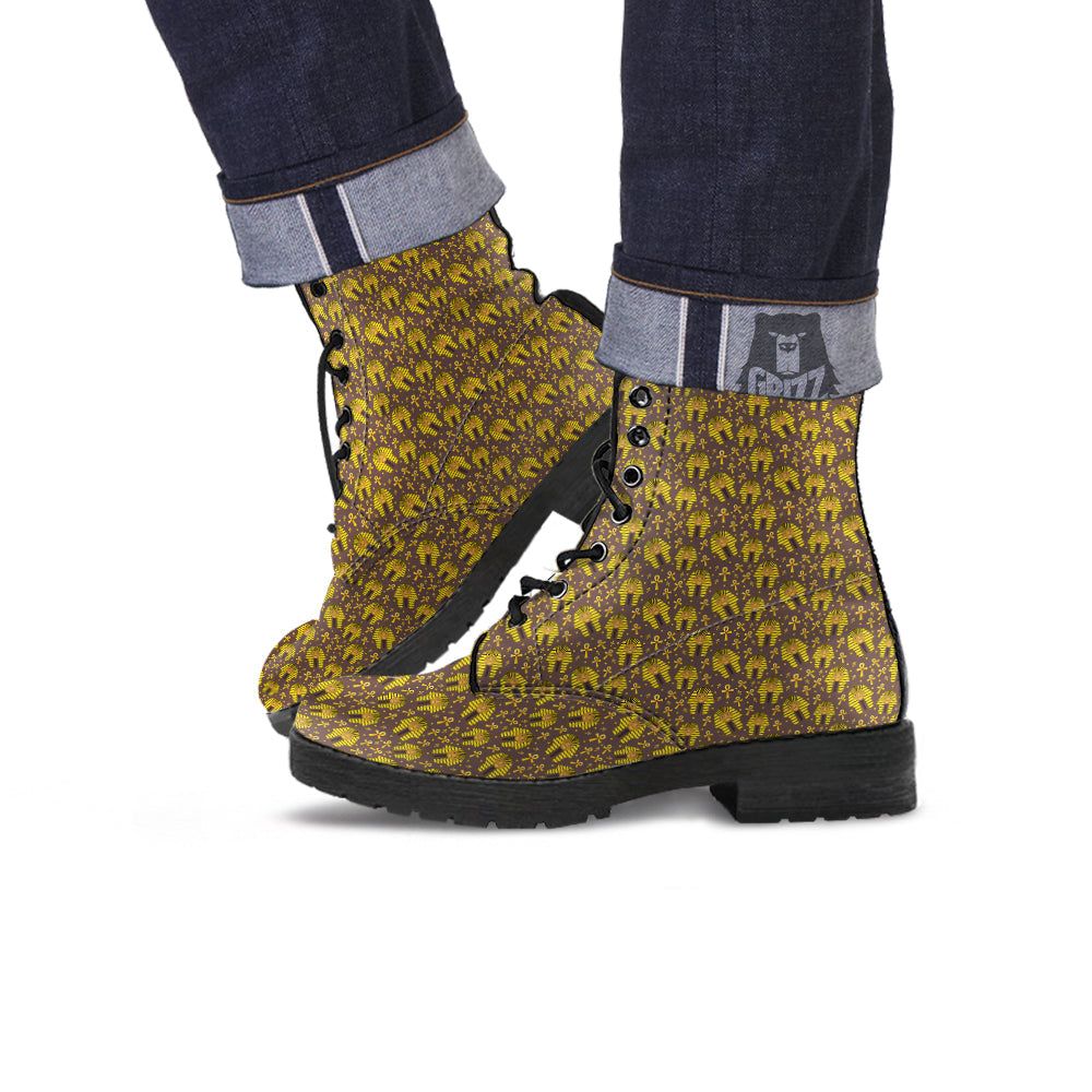 Ankh And Pharaoh Print Pattern Leather Boots-grizzshop