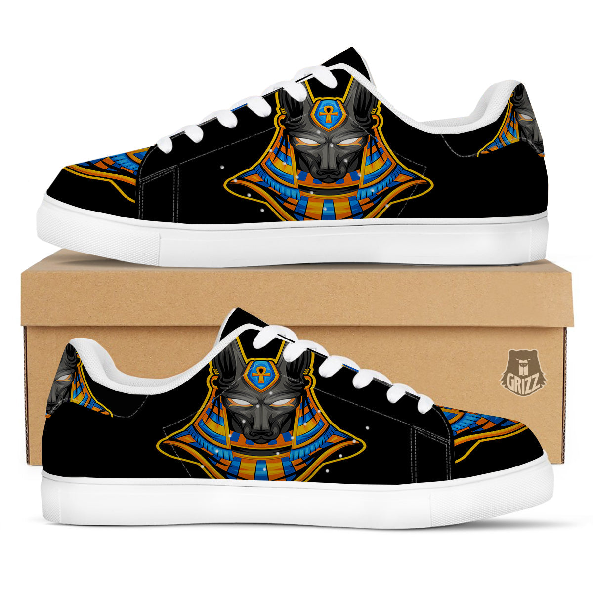 Anubis God Print White Low Top Sneakers-grizzshop