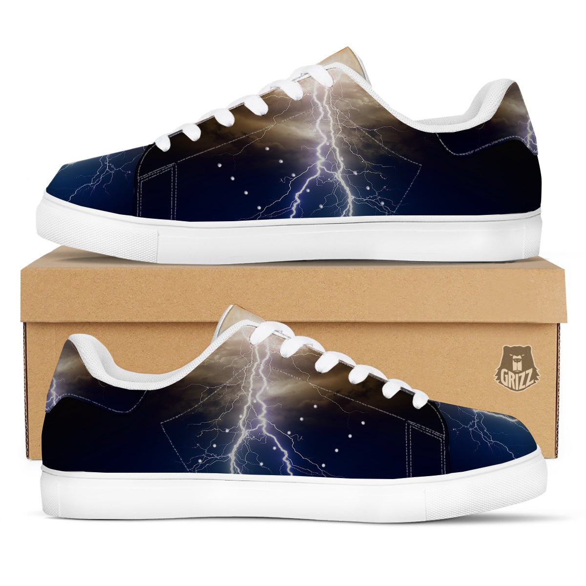 Apocalyptic Lightnings Print White Low Top Sneakers-grizzshop