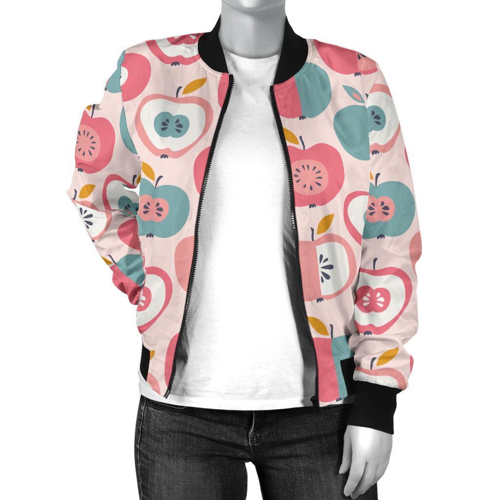 Apple Pattern Print Women Casual Bomber Jacket-grizzshop