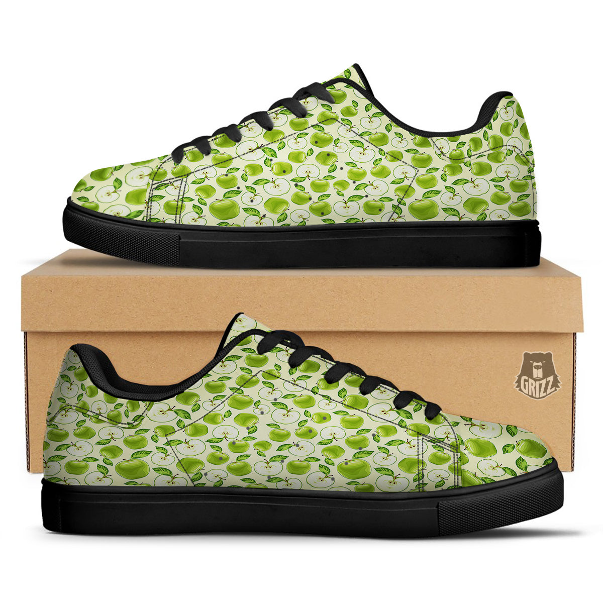 Apple Print Pattern Black Low Top Sneakers-grizzshop