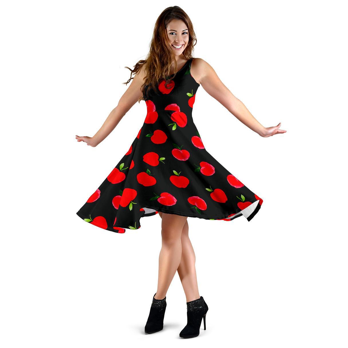 Apple Red Pattern Print Dress-grizzshop