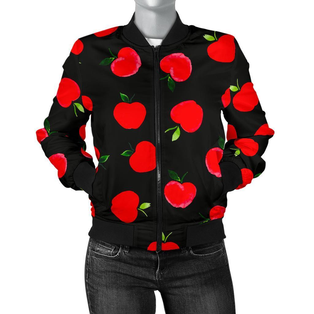 Apple Red Pattern Print Women Casual Bomber Jacket-grizzshop