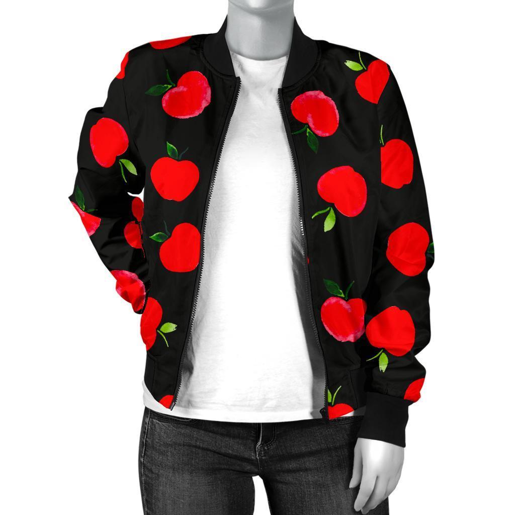 Apple Red Pattern Print Women Casual Bomber Jacket-grizzshop