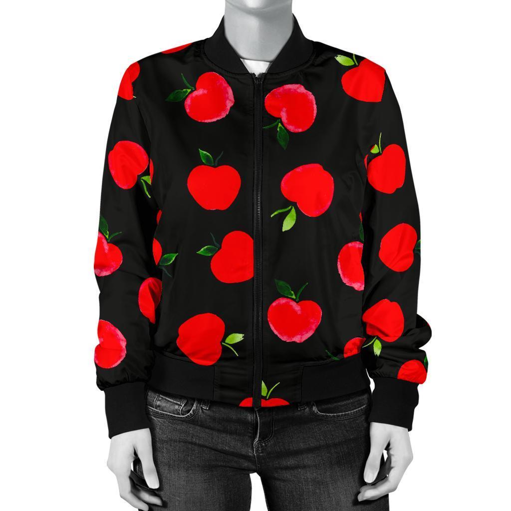 Apple Red Pattern Print Women Casual Bomber Jacket-grizzshop