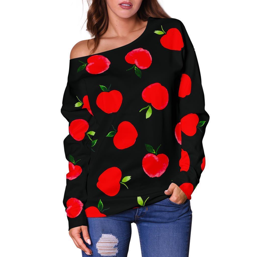 Apple Red Pattern Print Women Off Shoulder Sweatshirt-grizzshop