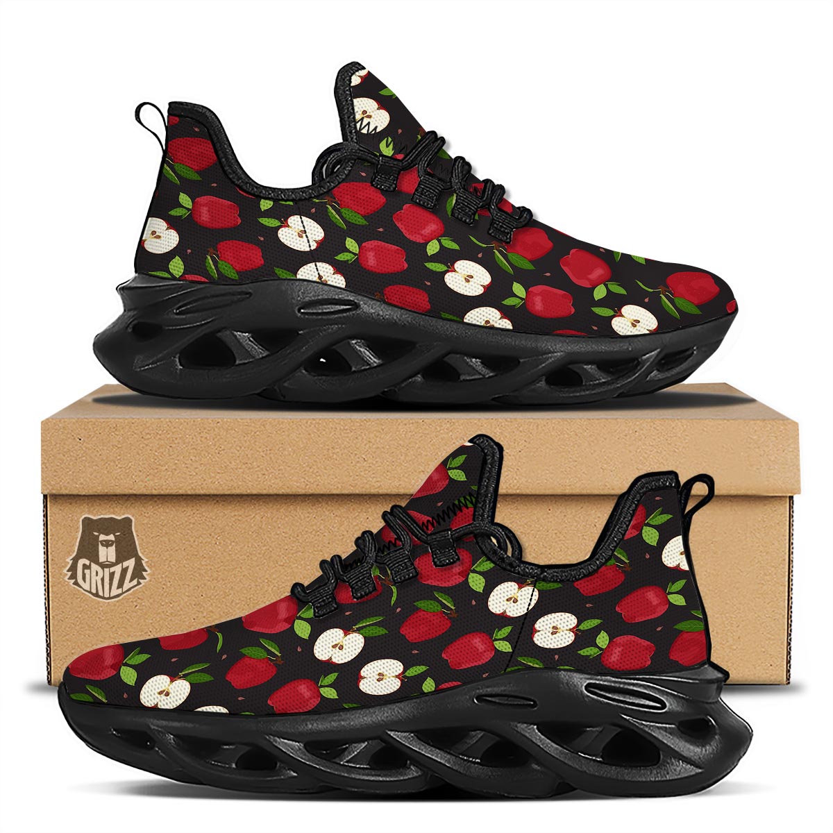 Apple Red Print Pattern Black Running Shoes-grizzshop