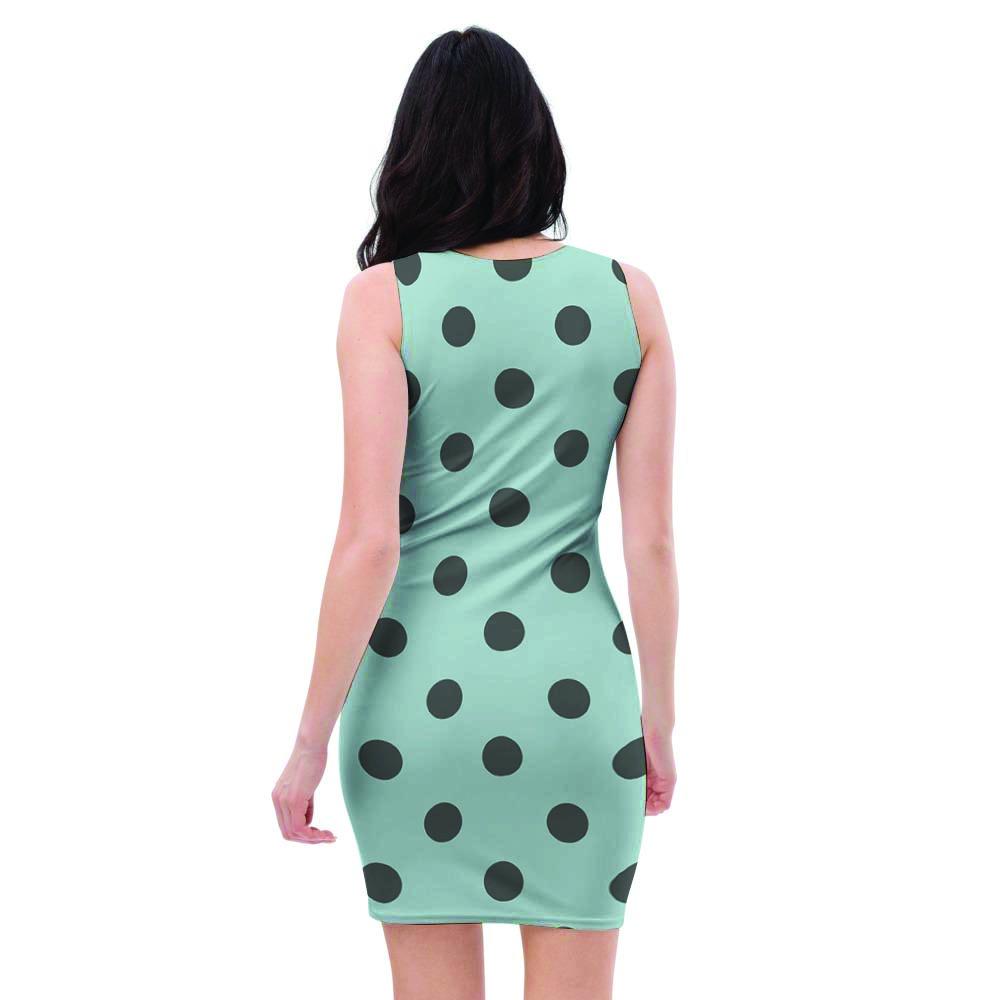 Aqua And Black Polka Dot Bodycon Dress-grizzshop