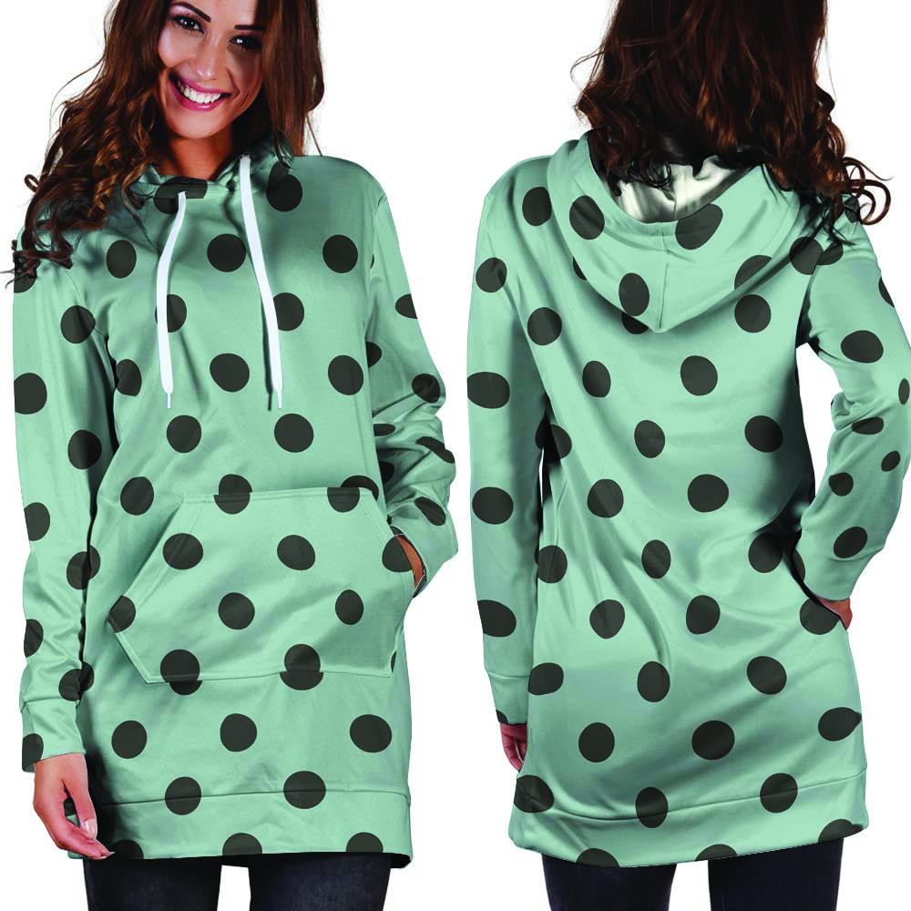 Aqua And Black Polka Dot Hoodie Dress-grizzshop