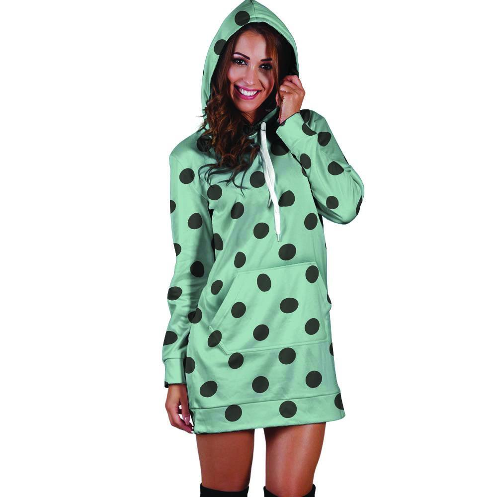 Aqua And Black Polka Dot Hoodie Dress-grizzshop