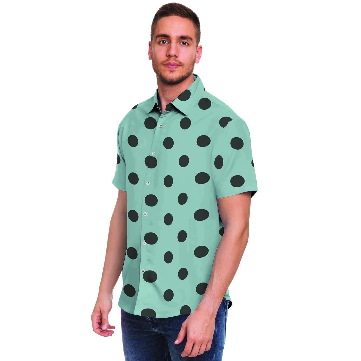 Aqua And Black Polka Dot Men's Short Sleeve Shirt-grizzshop