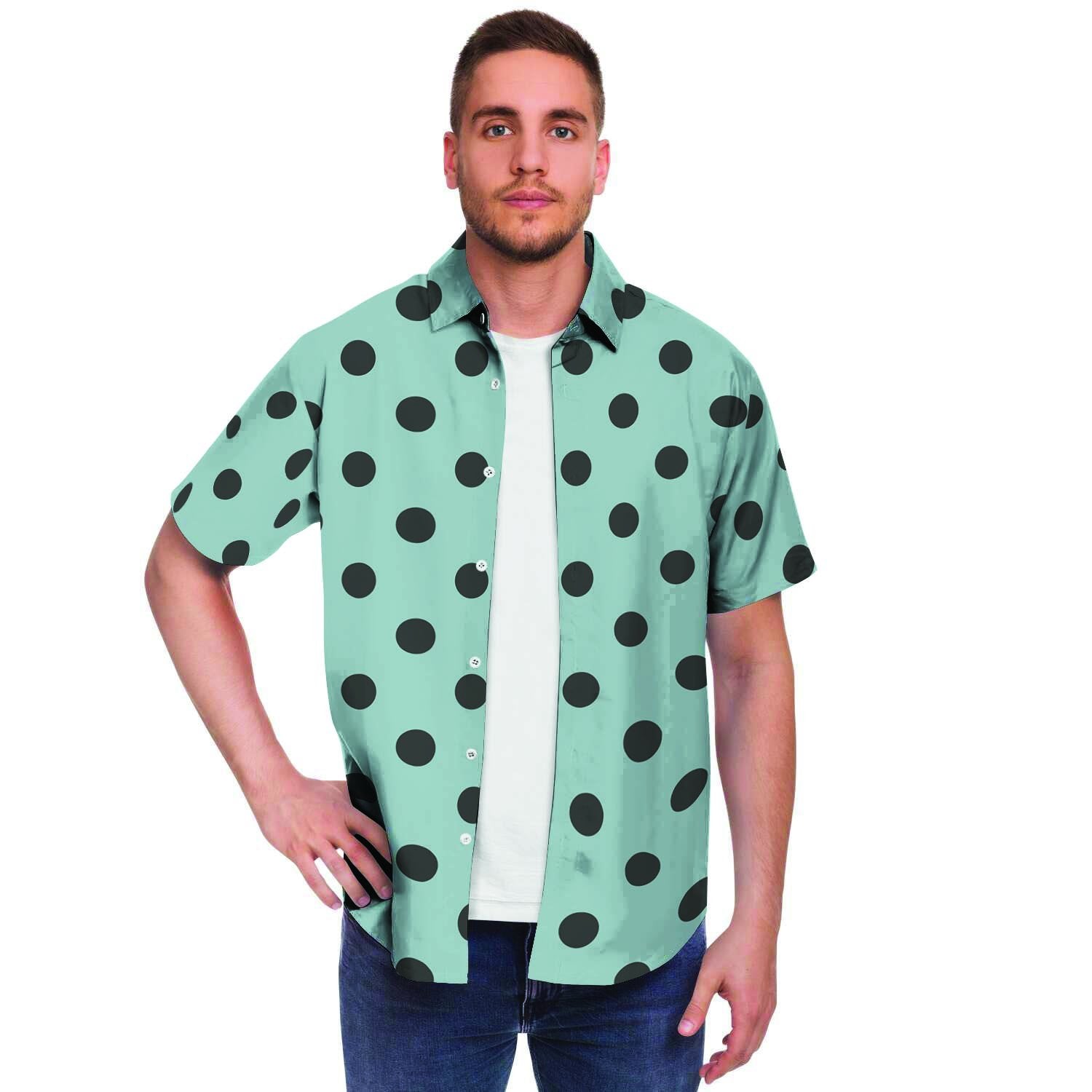 Aqua And Black Polka Dot Men's Short Sleeve Shirt-grizzshop
