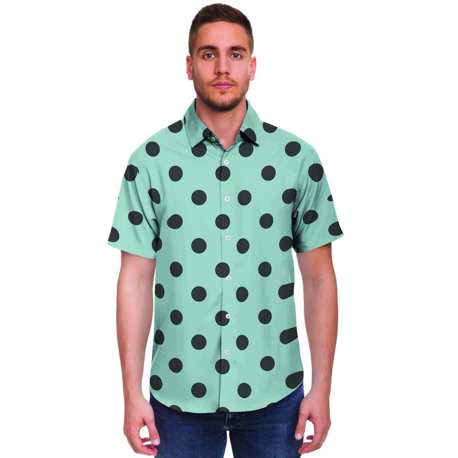 Aqua And Black Polka Dot Men's Short Sleeve Shirt-grizzshop
