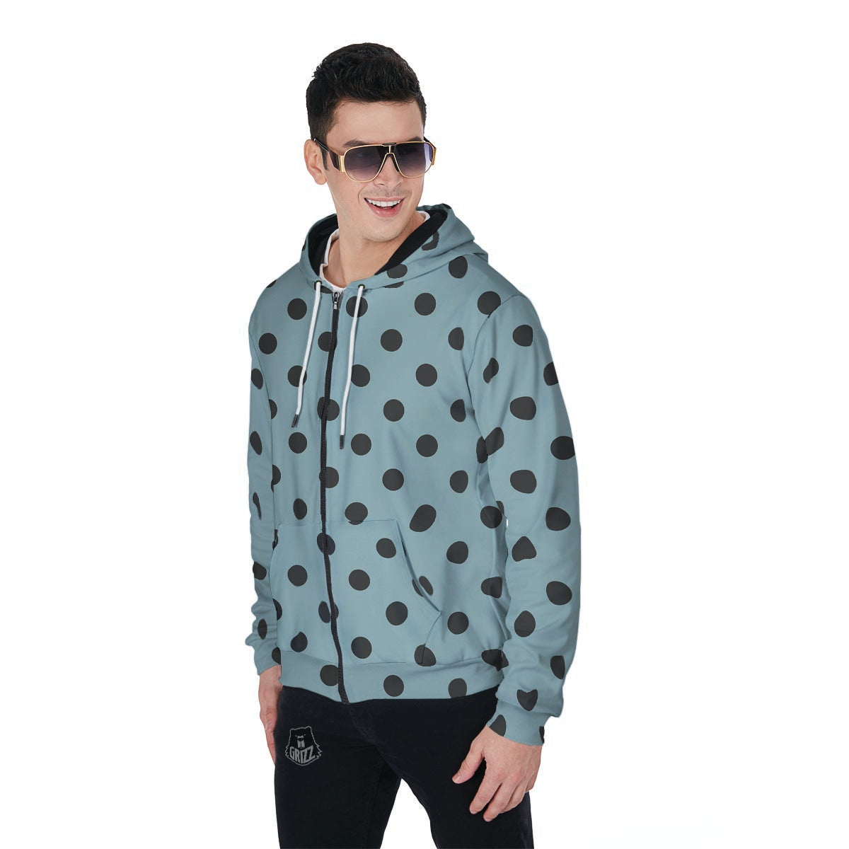 Aqua And Black Polka Dot Men's Zip Up Hoodie-grizzshop