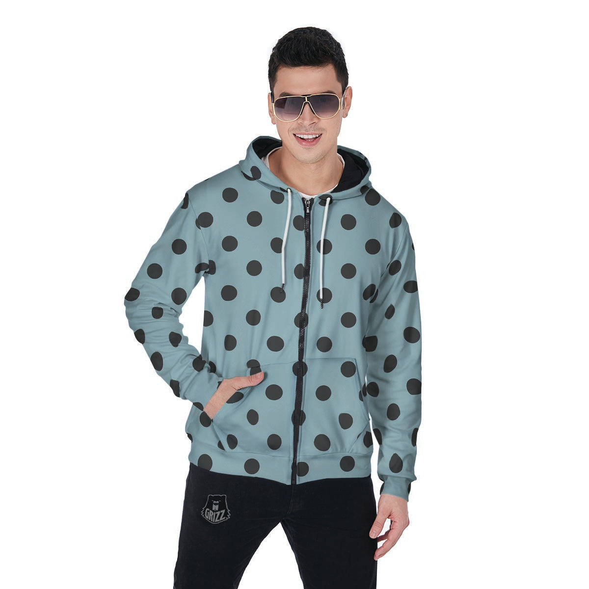 Aqua And Black Polka Dot Men's Zip Up Hoodie-grizzshop
