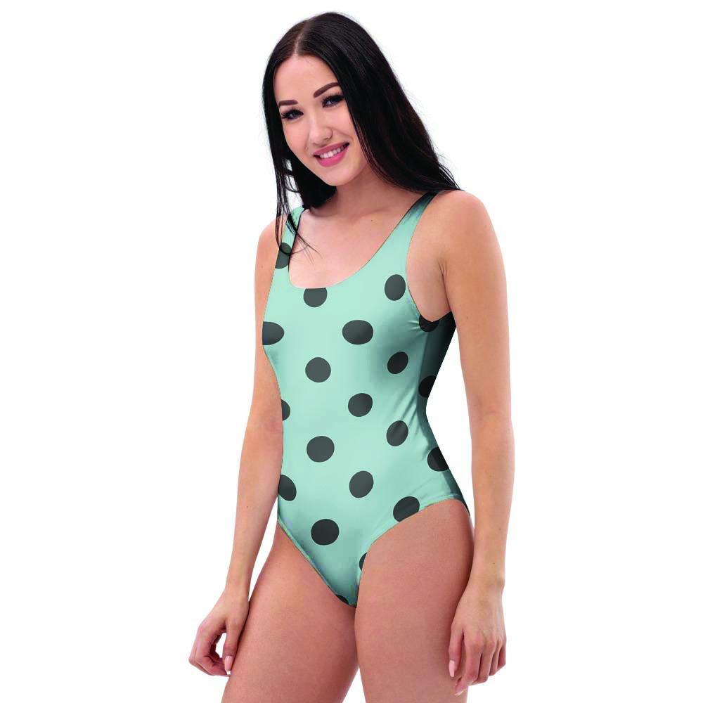 Aqua And Black Polka Dot One Piece Swimsuite-grizzshop