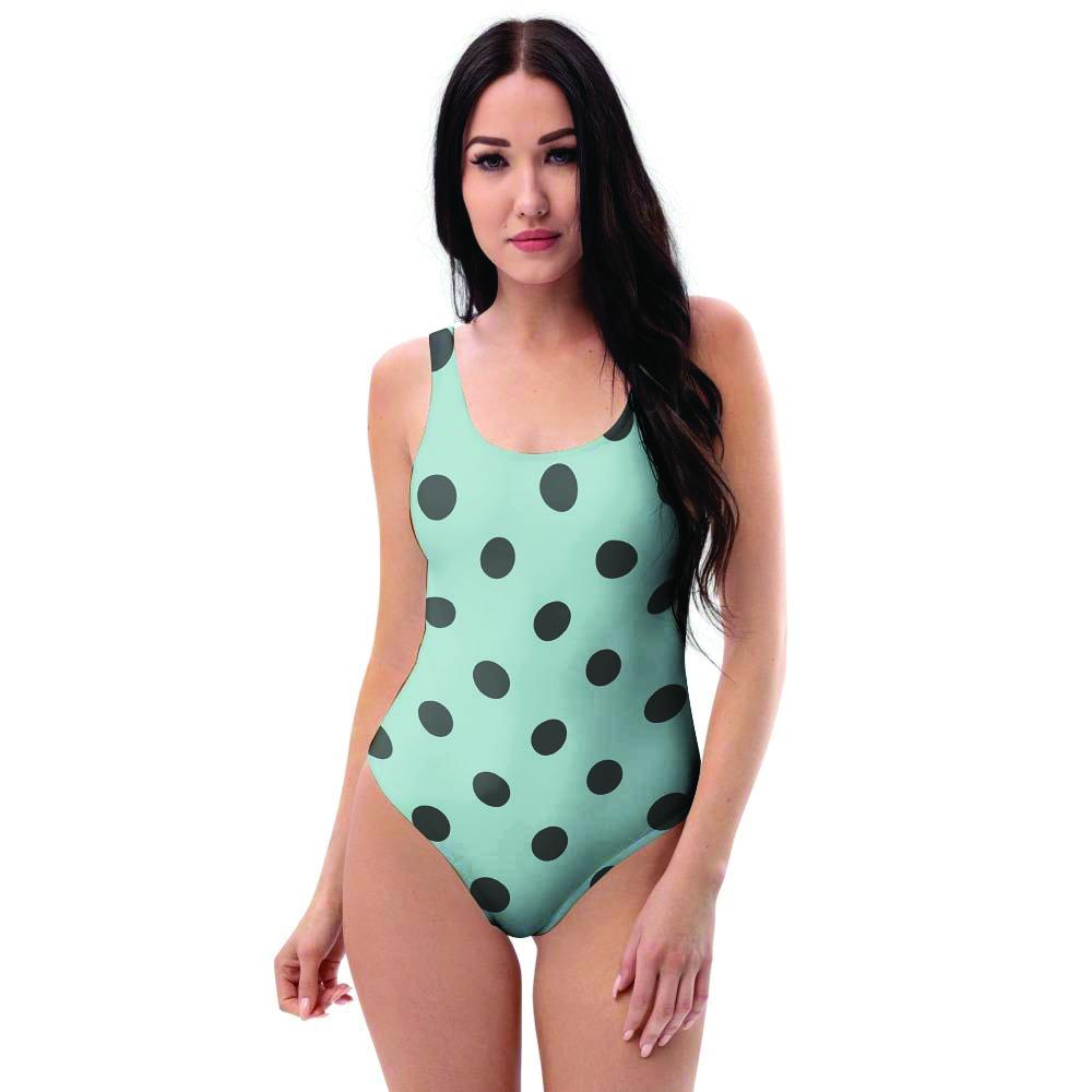 Aqua And Black Polka Dot One Piece Swimsuite-grizzshop