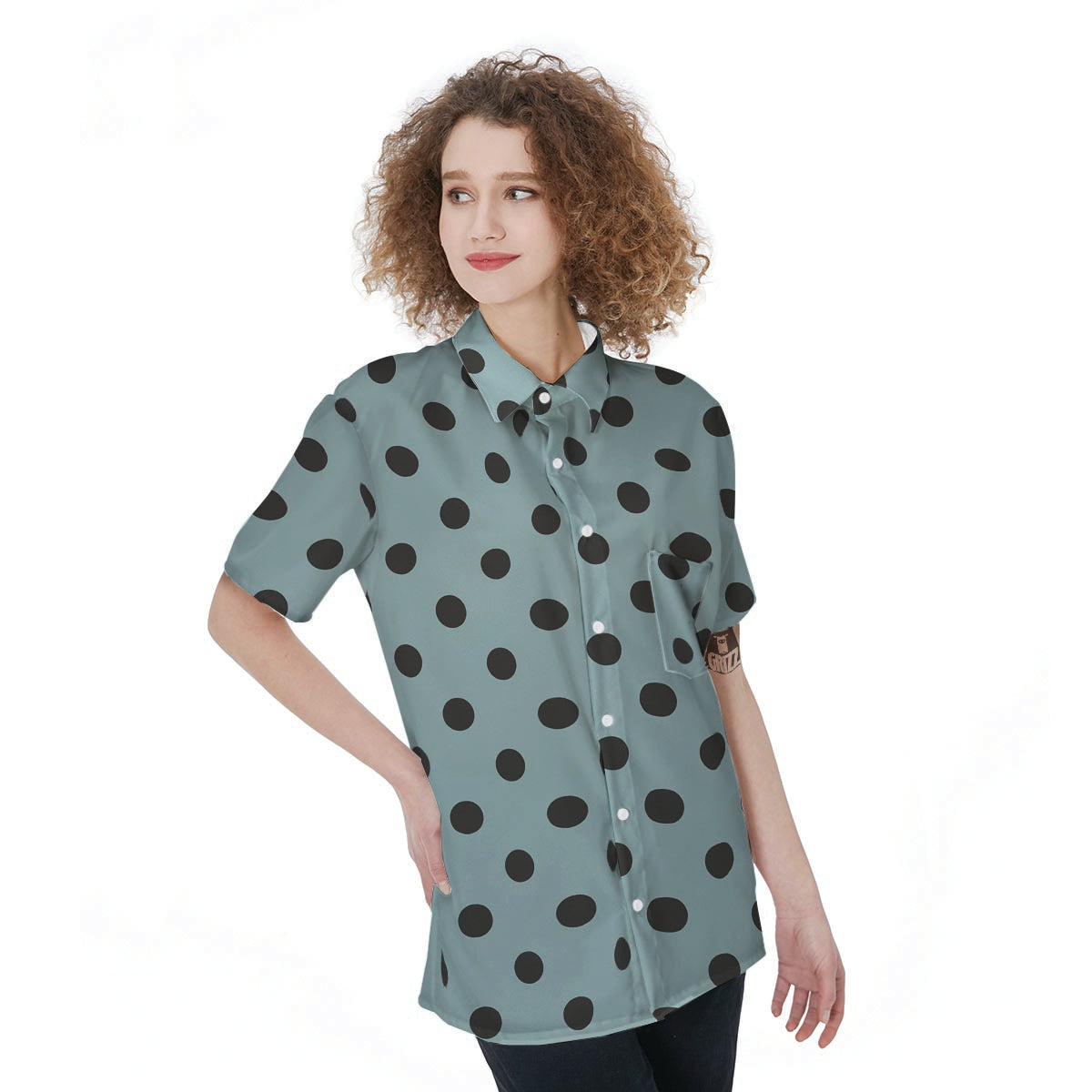 Aqua And Black Polka Dot Women's Short Sleeve Shirts-grizzshop