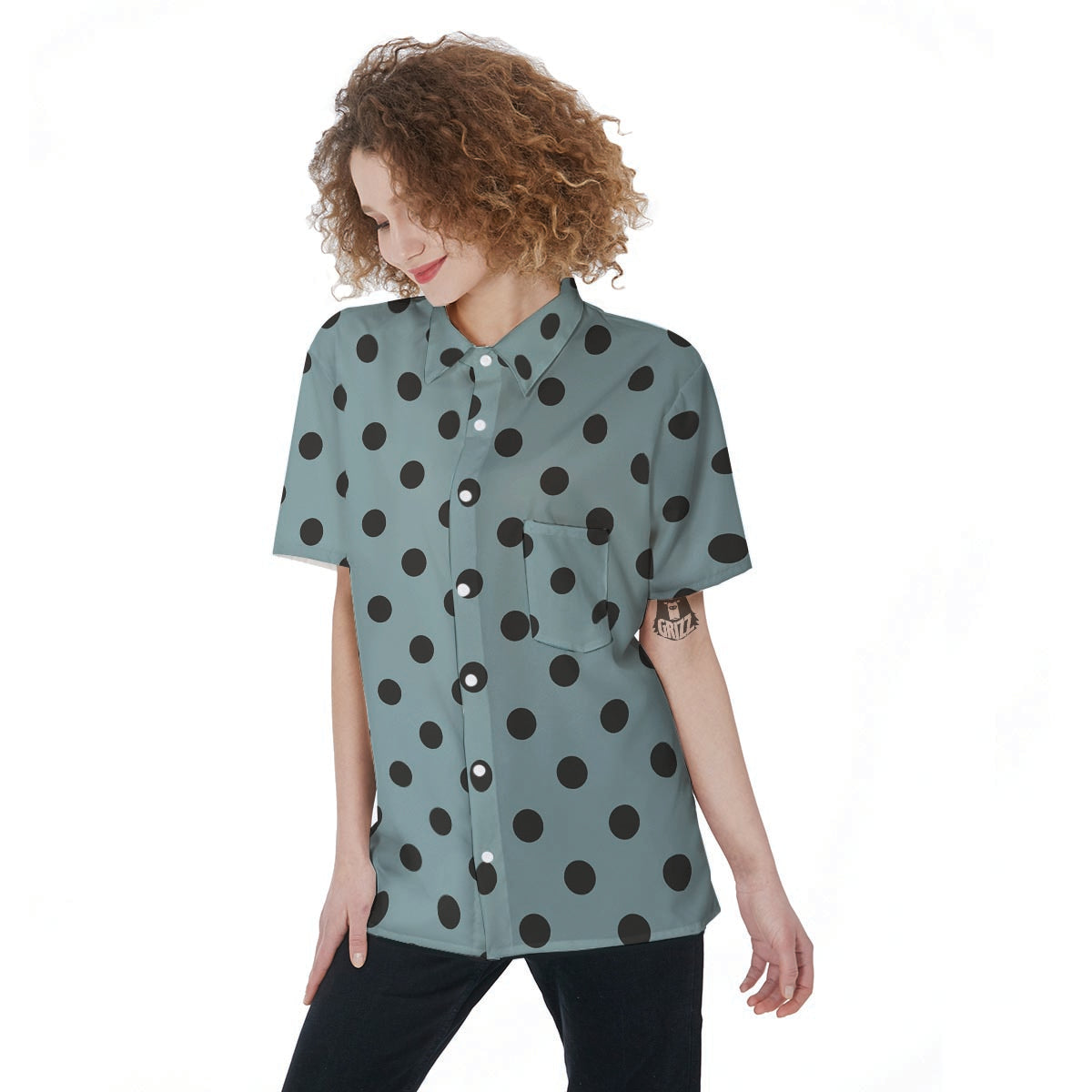 Aqua And Black Polka Dot Women's Short Sleeve Shirts-grizzshop