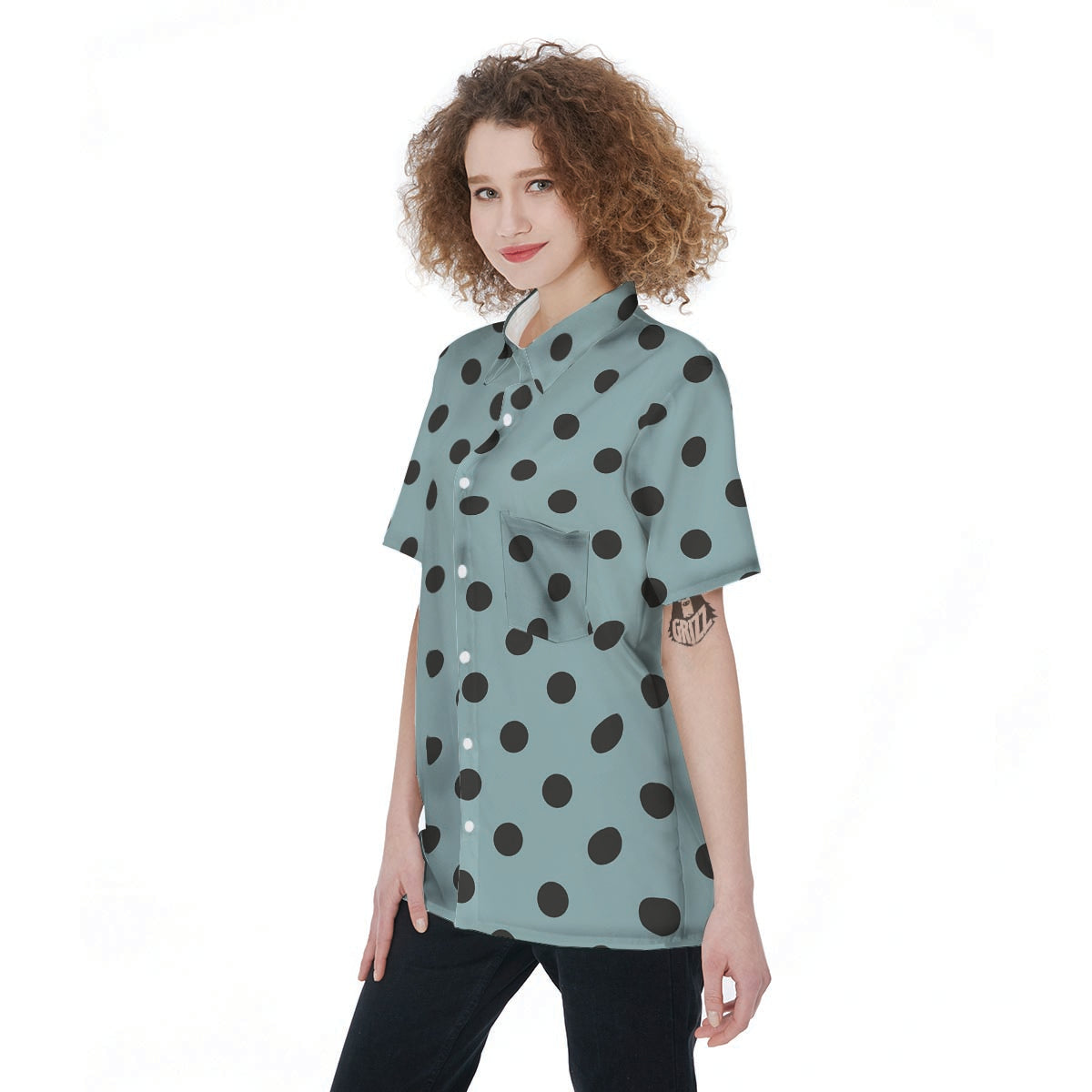 Aqua And Black Polka Dot Women's Short Sleeve Shirts-grizzshop