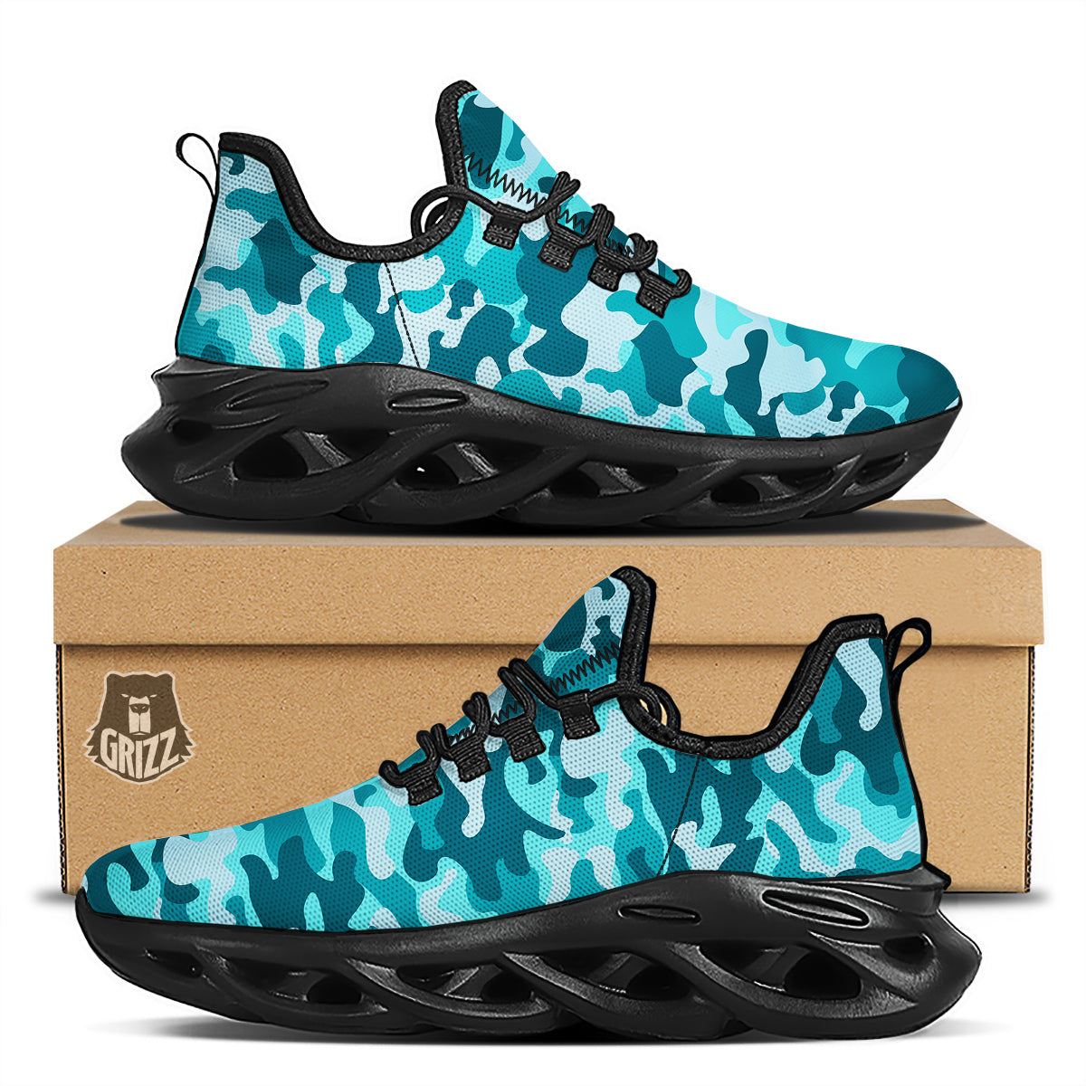 Aqua Camo And Camouflage Print Black Running Shoes-grizzshop