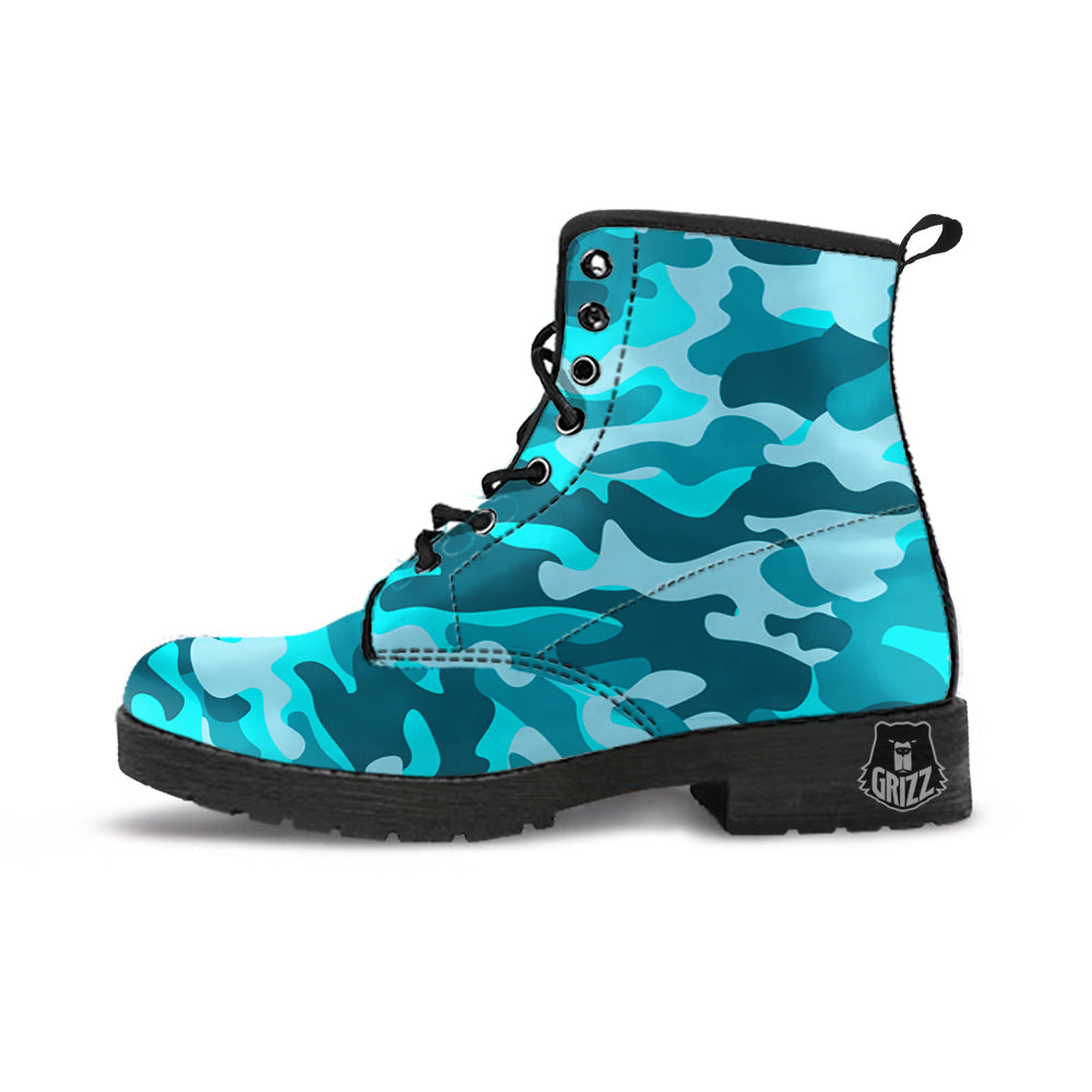 Aqua Camo And Camouflage Print Leather Boots-grizzshop