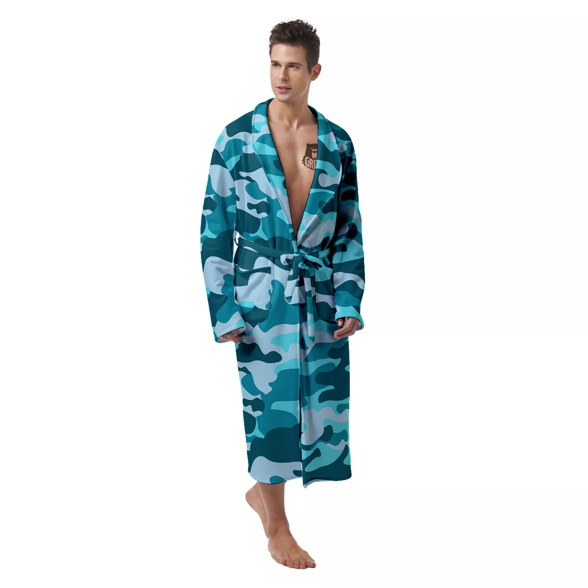 Aqua Camo And Camouflage Print Men's Robe-grizzshop