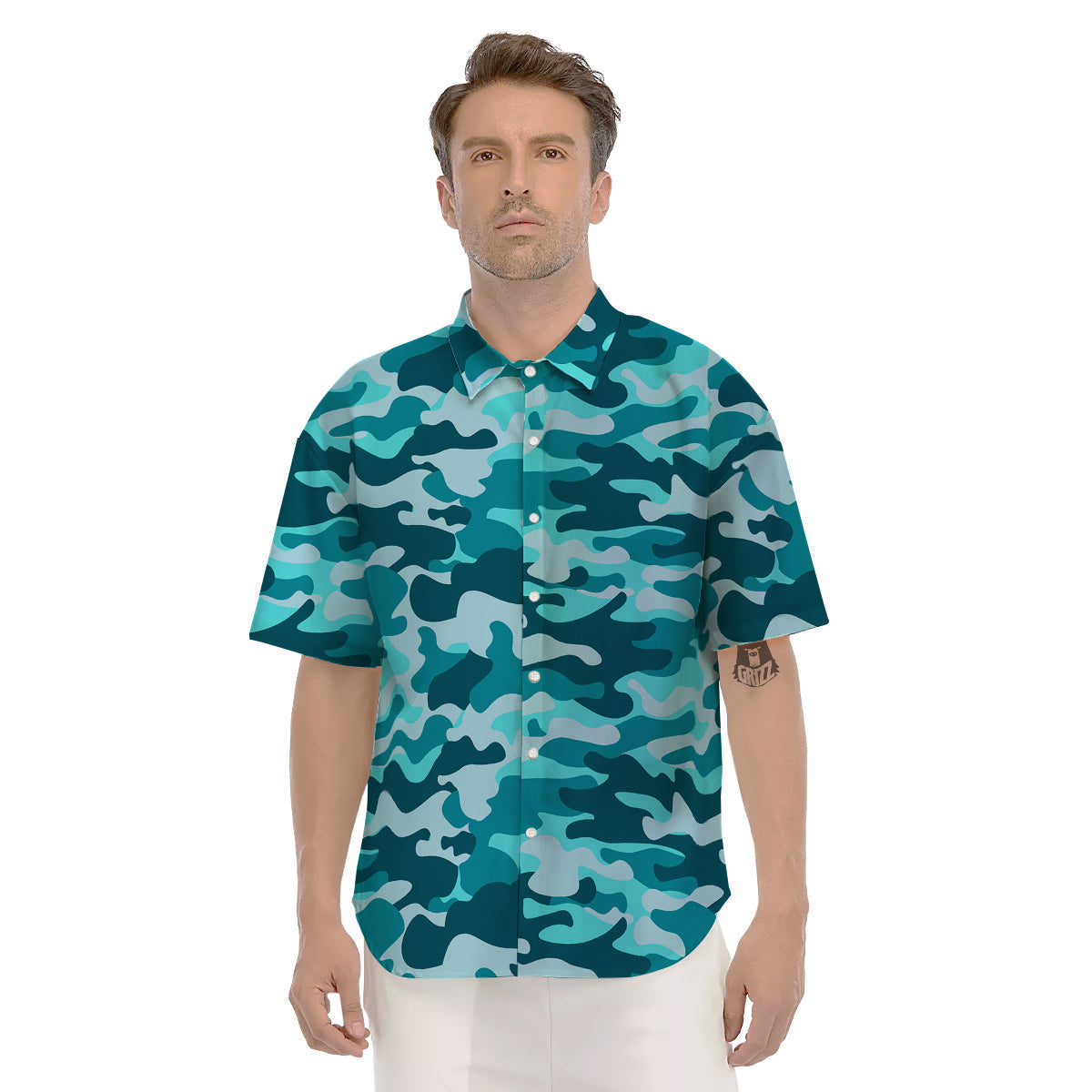 Aqua Camo And Camouflage Print Men's Short Sleeve Shirts-grizzshop