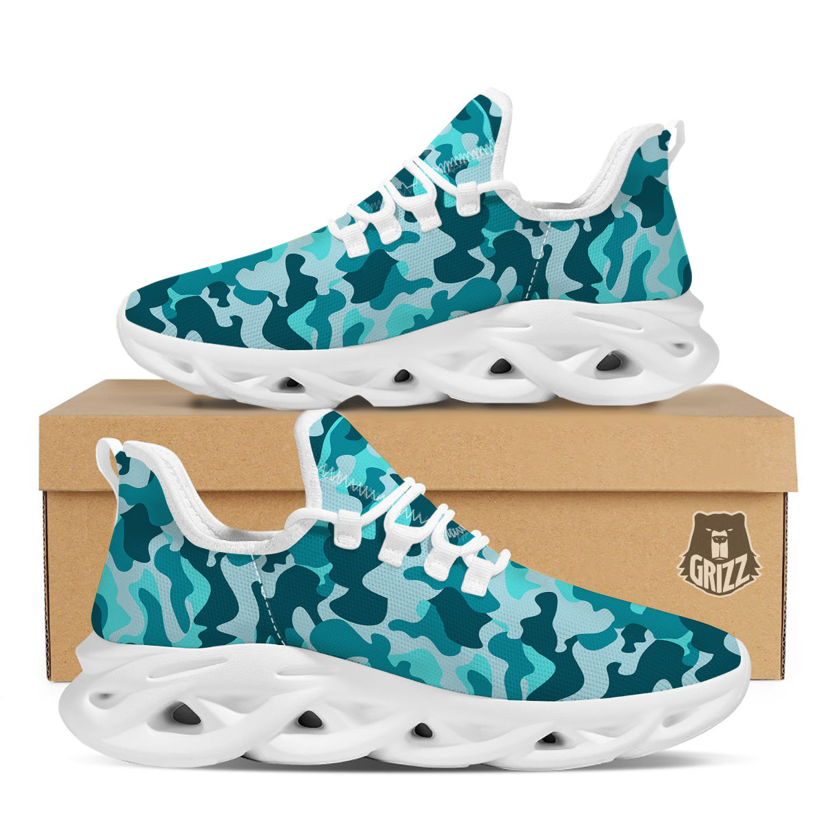 Aqua Camo And Camouflage Print White Running Shoes-grizzshop