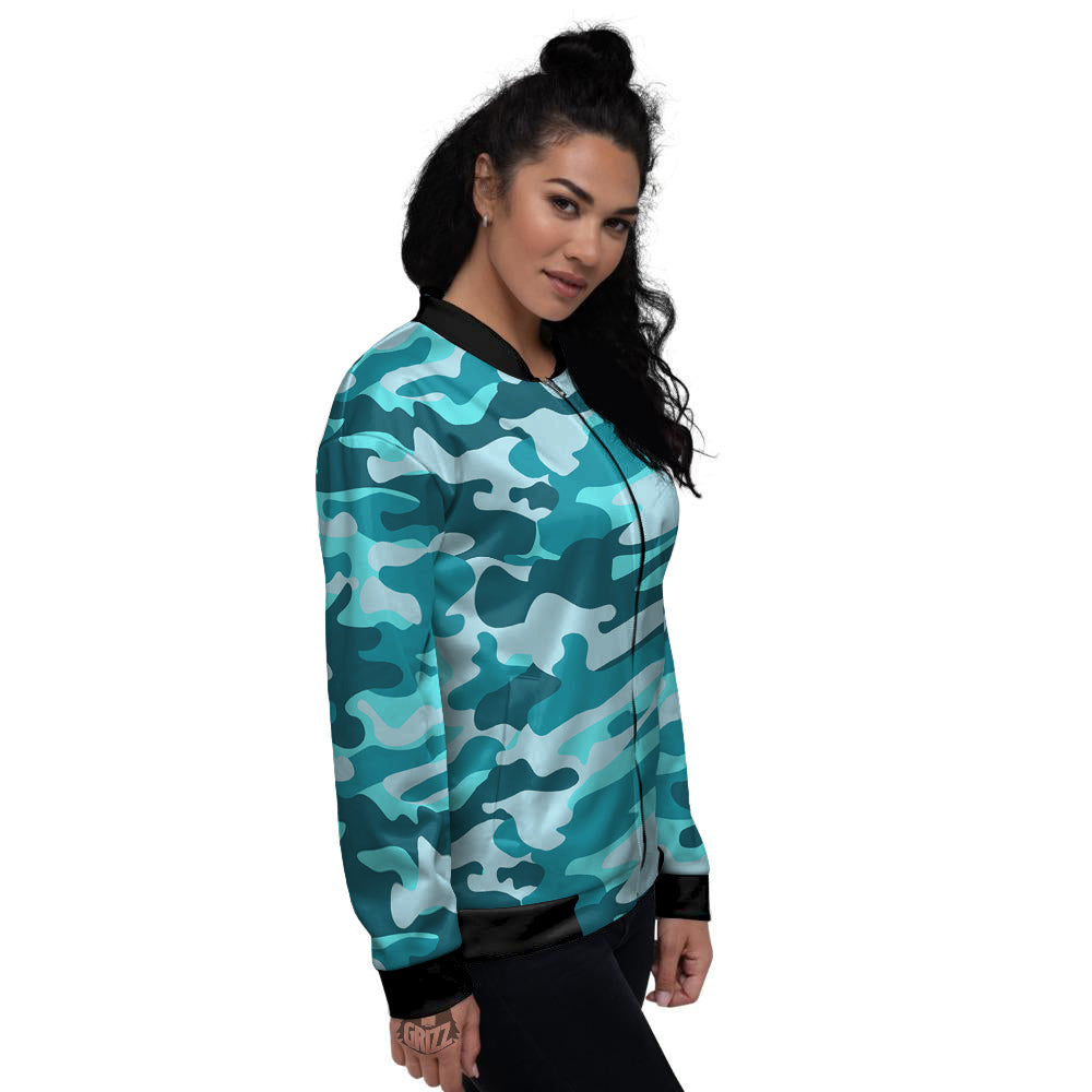 Aqua Camo And Camouflage Print Women's Bomber Jacket-grizzshop