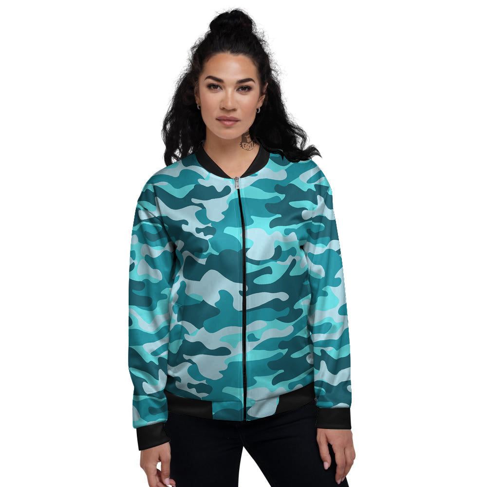 Aqua Camo And Camouflage Print Women's Bomber Jacket-grizzshop