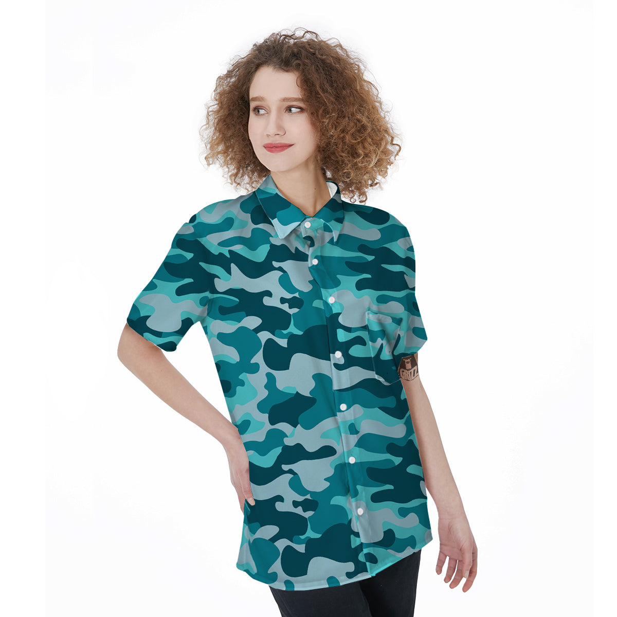 Aqua Camo And Camouflage Print Women's Short Sleeve Shirts-grizzshop