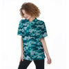 Aqua Camo And Camouflage Print Women's Short Sleeve Shirts-grizzshop