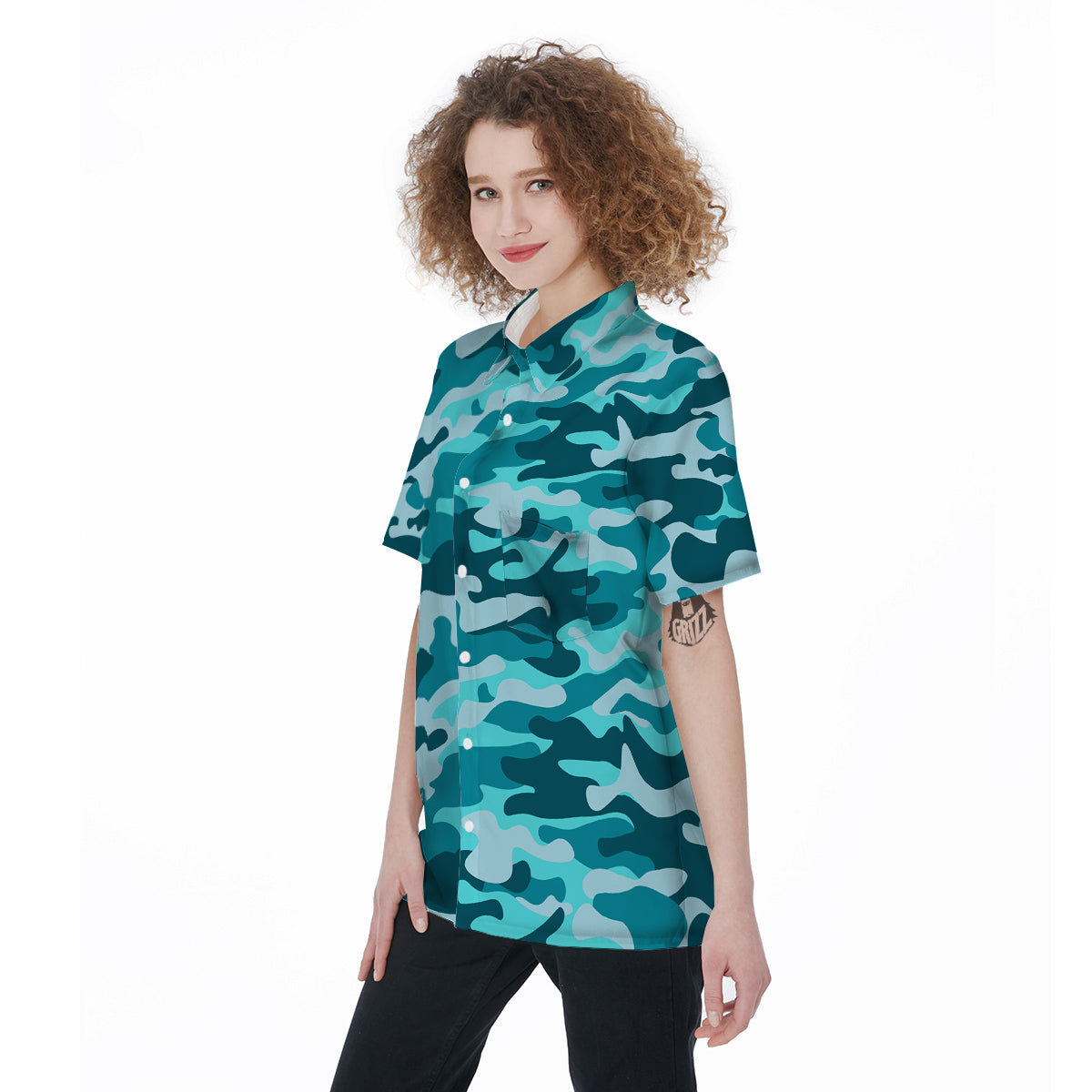 Aqua Camo And Camouflage Print Women's Short Sleeve Shirts-grizzshop