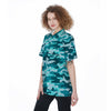 Aqua Camo And Camouflage Print Women's Short Sleeve Shirts-grizzshop