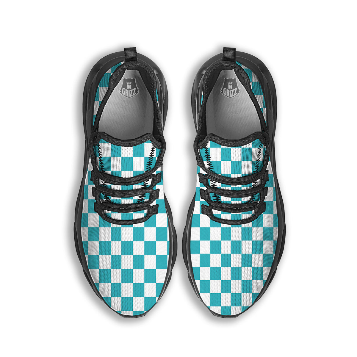 Aqua Checkered Flag Print Black Running Shoes-grizzshop