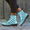 Aqua Checkered Flag Print Leather Boots-grizzshop