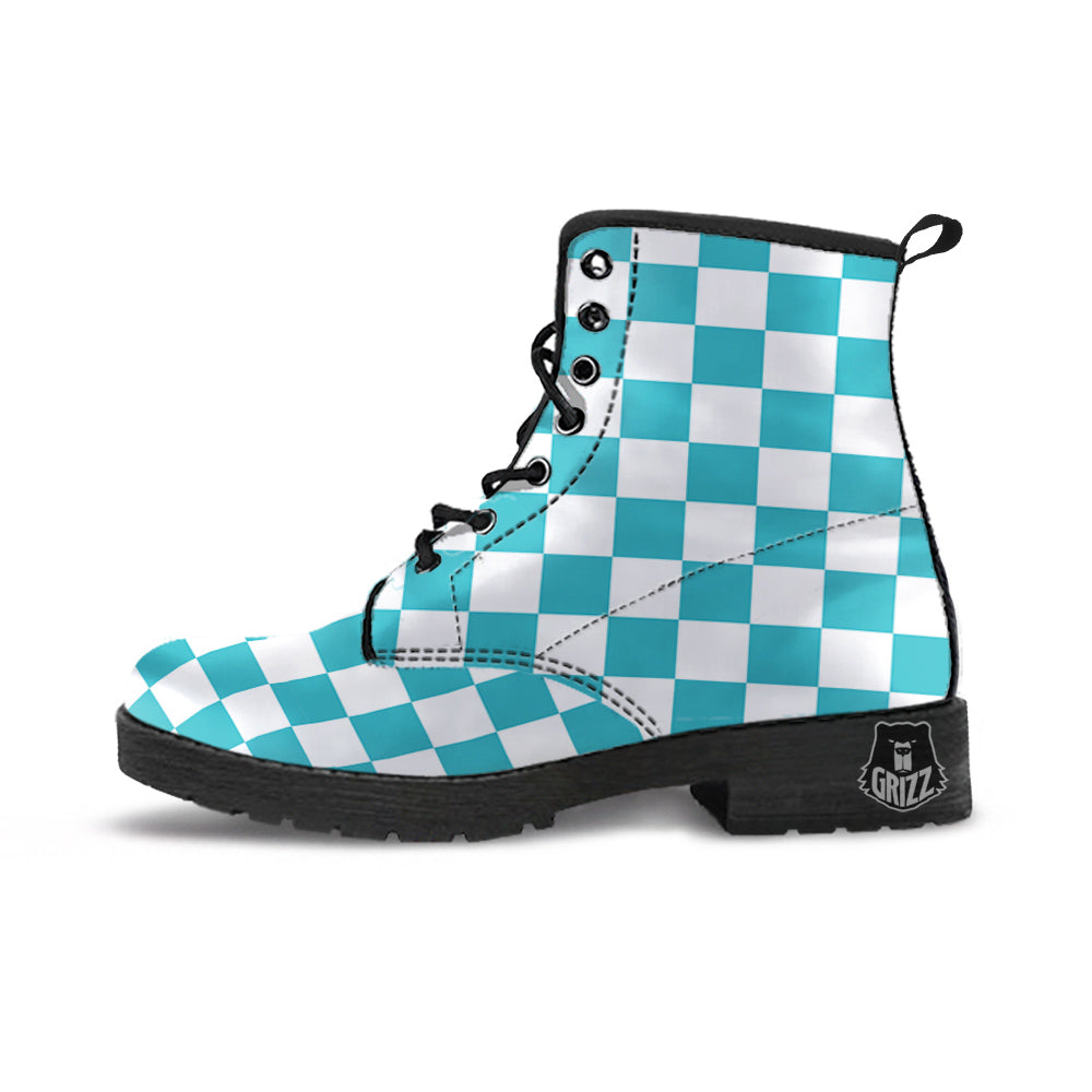Aqua Checkered Flag Print Leather Boots-grizzshop