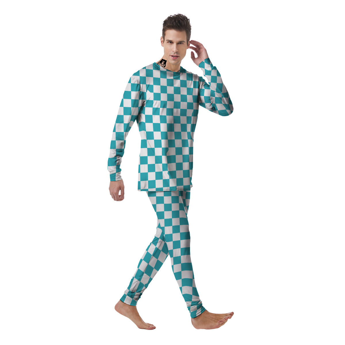 Aqua Checkered Flag Print Men's Pajamas-grizzshop