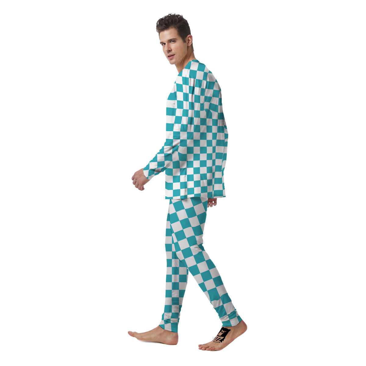 Aqua Checkered Flag Print Men's Pajamas-grizzshop