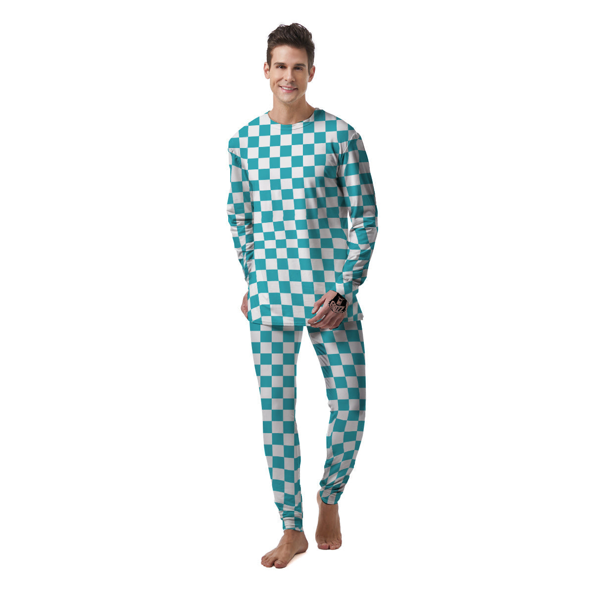 Aqua Checkered Flag Print Men's Pajamas-grizzshop