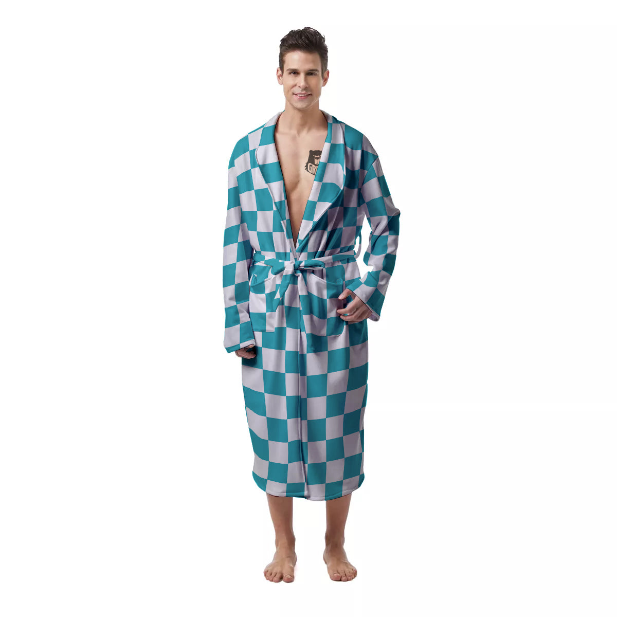 Aqua Checkered Flag Print Men's Robe-grizzshop