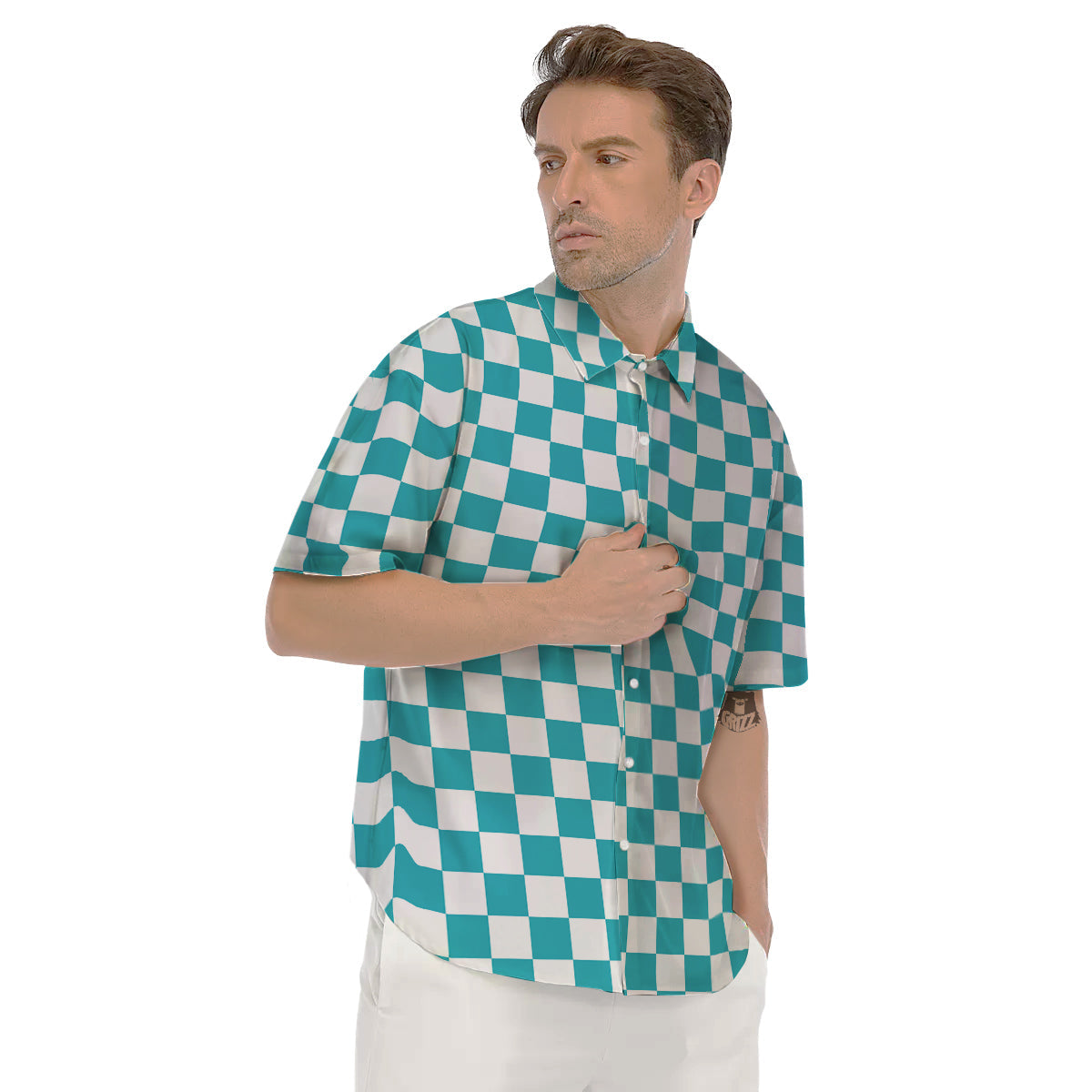 Aqua Checkered Flag Print Men's Short Sleeve Shirts-grizzshop